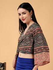 Kotty Floral Print Bell Sleeve Crepe Wrap Crop Top