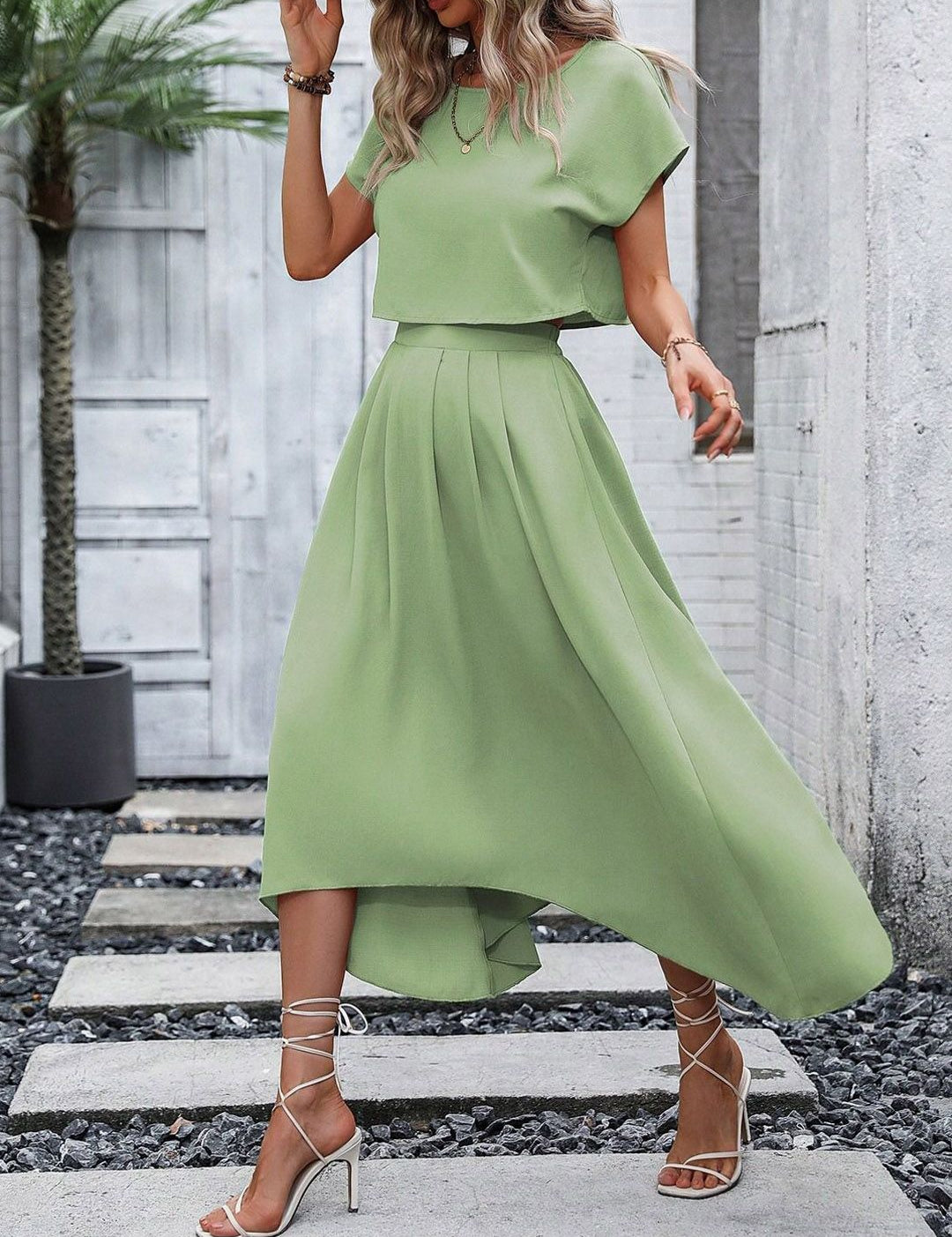 Kotty Women Boat Neck Green Dress Set