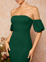 Kotty Women Solid Off-Shoulder Puff Sleeve Bodycon Midi Dress