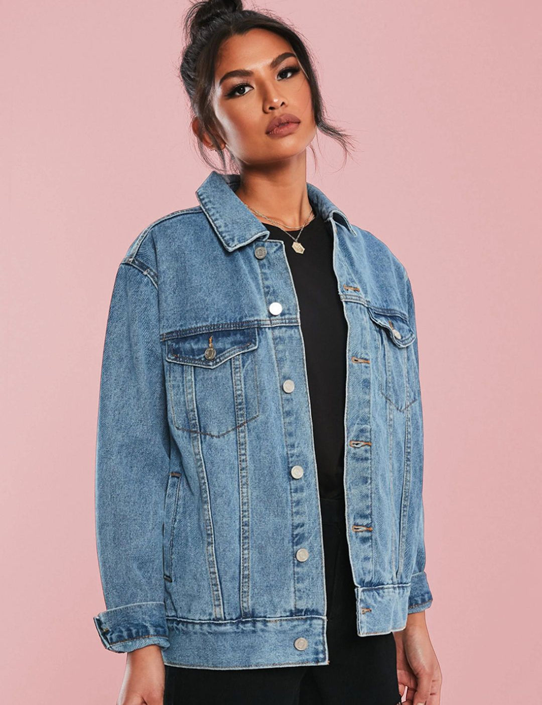 Kotty Women Spread Collar Solid Denim Casual Jacket