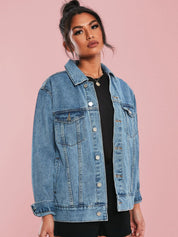 Kotty Women Spread Collar Solid Denim Casual Jacket