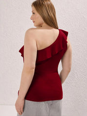 Kotty Women's Rich Maroon One Shoulder Ruffle Top | Elegant Party Wear