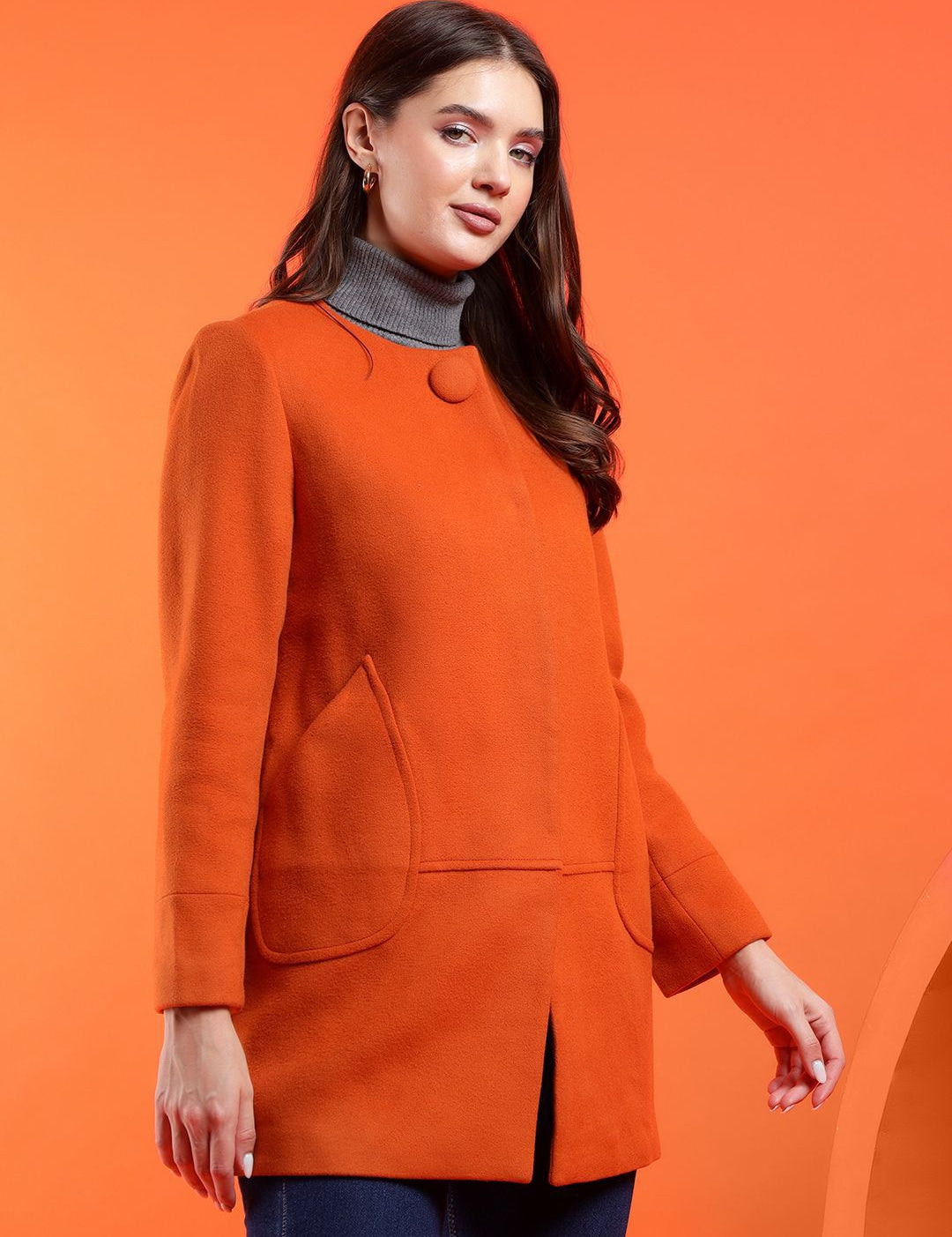 Kotty Women Solid Mandarin Collar Overcoat