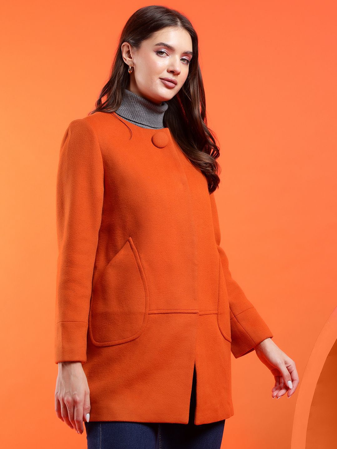 Kotty Women Solid Mandarin Collar Overcoat