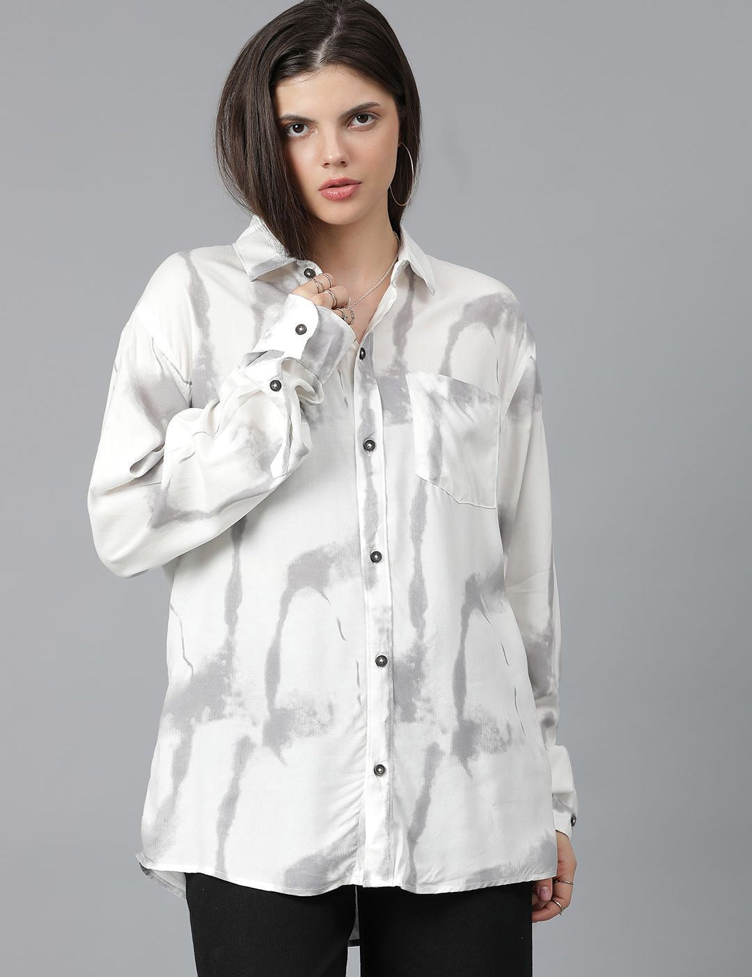 Kotty Women Spread Collar Abstract Printed Cotton Oversized Casual Shirt