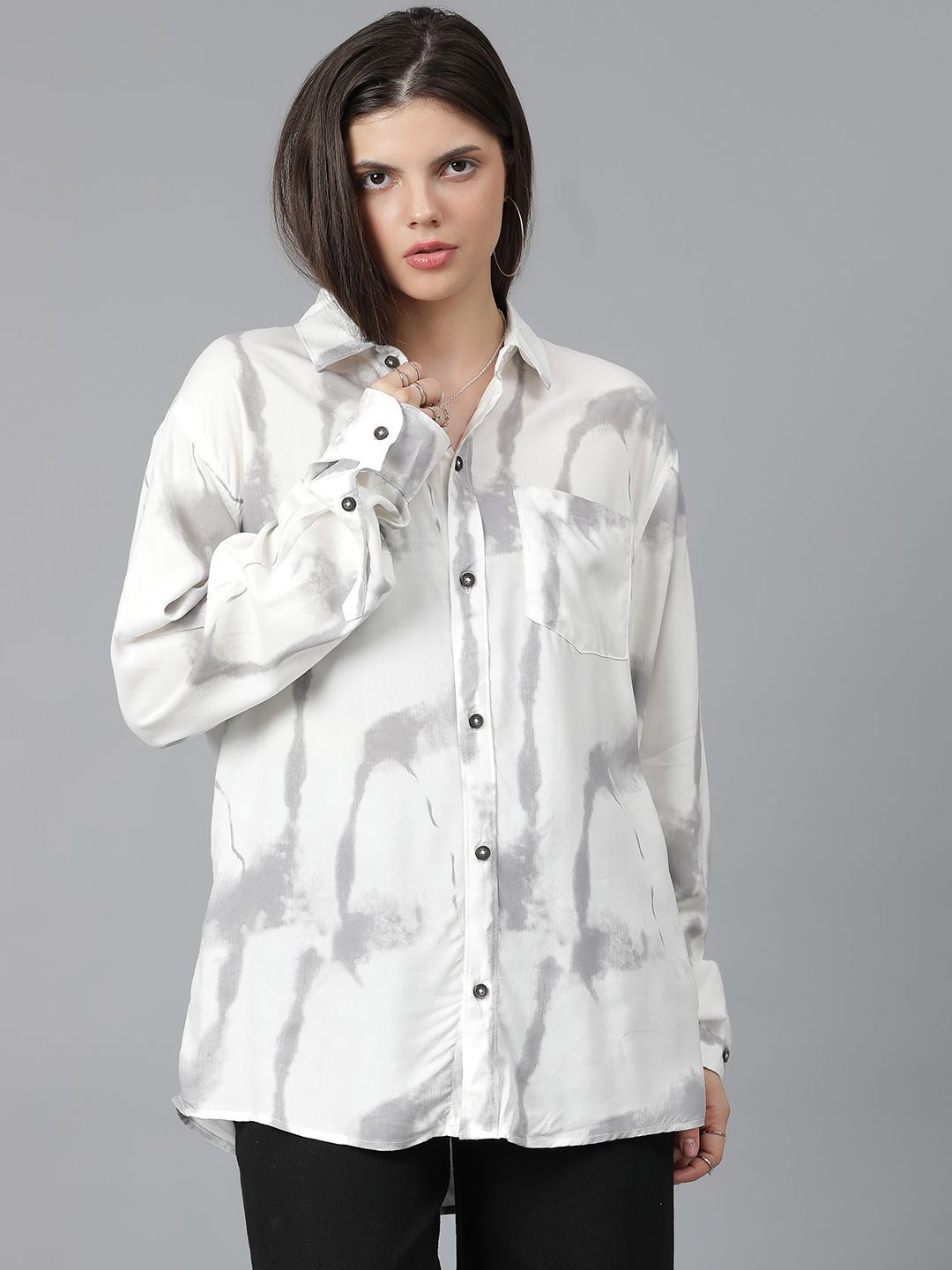 Kotty Women Spread Collar Abstract Printed Cotton Oversized Casual Shirt