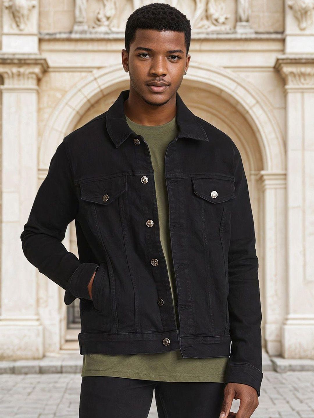 Kotty Men Solid Spread Collar Denim Jacket