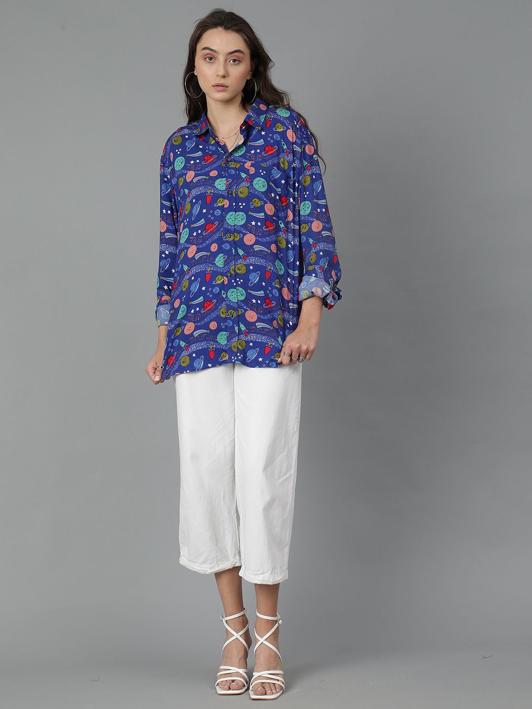 Kotty Women Spread Collar Abstract Printed Cotton Oversized Casual Shirt
