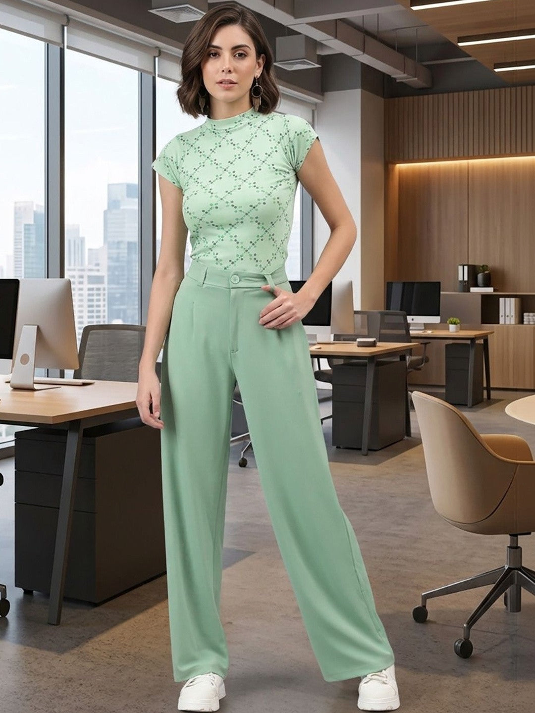 Green Relaxed Fit High-Rise Trousers for Women | Kotty