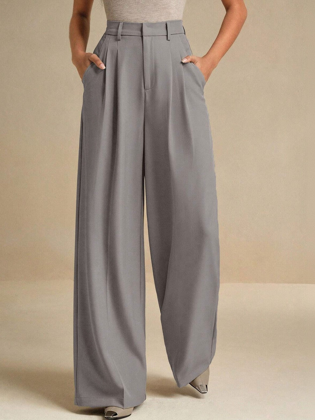 Grey Straight Fit High-Rise Trousers for Women | Kotty