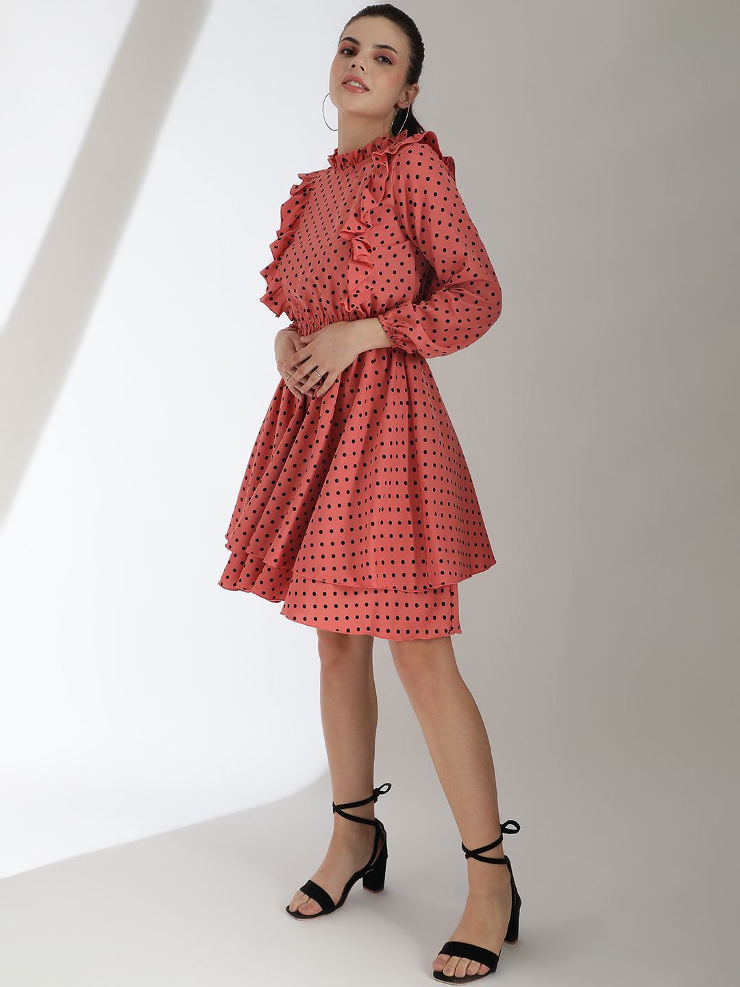 Kotty Women Polka Dots Printed Puff Sleeve Fit & Flare Dress